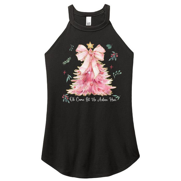 Oh Come Let Us Adore Him Coquette Bow Christmas Tree Women's Perfect Tri Rocker Tank