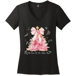 Oh Come Let Us Adore Him Coquette Bow Christmas Tree Women's V-Neck T-Shirt