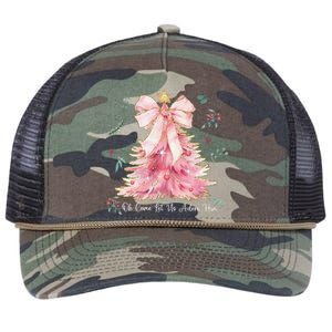 Oh Come Let Us Adore Him Coquette Bow Christmas Tree Retro Rope Trucker Hat Cap