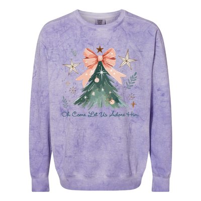 Oh Come Let Us Adore Him Jesus Christmas Tree Coquette Bow Colorblast Crewneck Sweatshirt