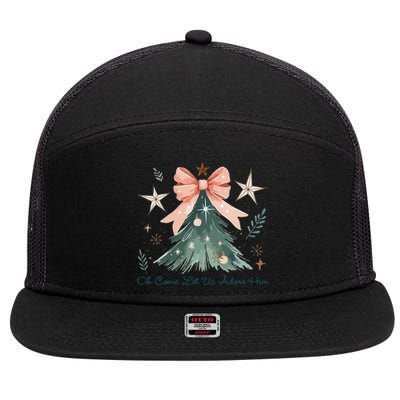 Oh Come Let Us Adore Him Jesus Christmas Tree Coquette Bow 7 Panel Mesh Trucker Snapback Hat