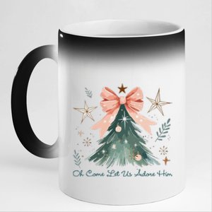 Oh Come Let Us Adore Him Jesus Christmas Tree Coquette Bow 11oz Black Color Changing Mug