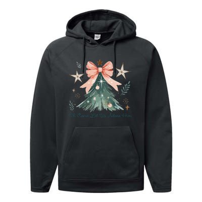 Oh Come Let Us Adore Him Jesus Christmas Tree Coquette Bow Performance Fleece Hoodie