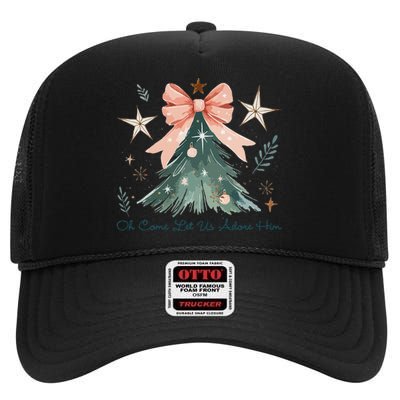 Oh Come Let Us Adore Him Jesus Christmas Tree Coquette Bow High Crown Mesh Back Trucker Hat