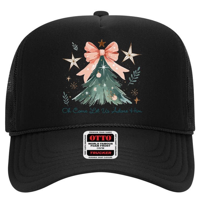 Oh Come Let Us Adore Him Jesus Christmas Tree Coquette Bow High Crown Mesh Back Trucker Hat