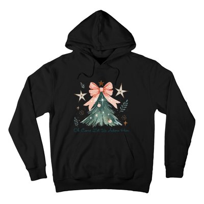 Oh Come Let Us Adore Him Jesus Christmas Tree Coquette Bow Hoodie