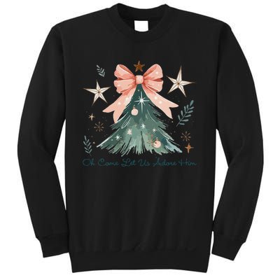 Oh Come Let Us Adore Him Jesus Christmas Tree Coquette Bow Sweatshirt