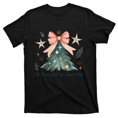 Oh Come Let Us Adore Him Jesus Christmas Tree Coquette Bow T-Shirt