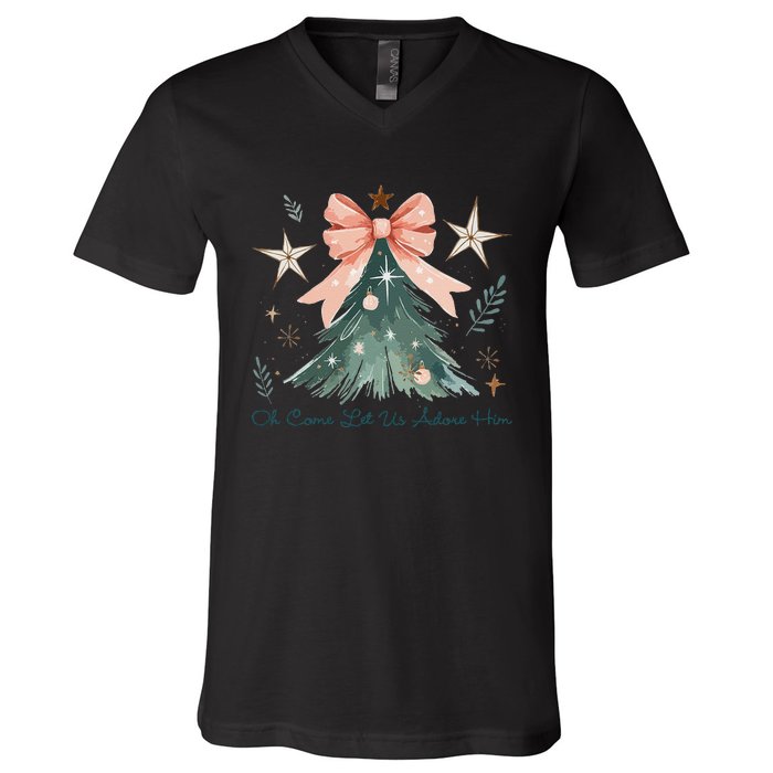 Oh Come Let Us Adore Him Jesus Christmas Tree Coquette Bow V-Neck T-Shirt