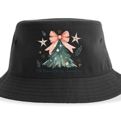 Oh Come Let Us Adore Him Jesus Christmas Tree Coquette Bow Sustainable Bucket Hat