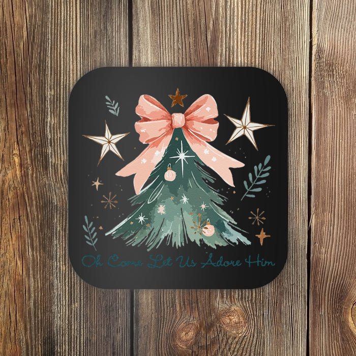 Oh Come Let Us Adore Him Jesus Christmas Tree Coquette Bow Coaster