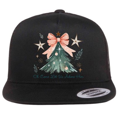 Oh Come Let Us Adore Him Jesus Christmas Tree Coquette Bow Flat Bill Trucker Hat