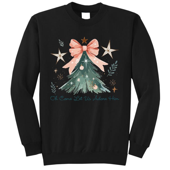 Oh Come Let Us Adore Him Jesus Christmas Tree Coquette Bow Tall Sweatshirt