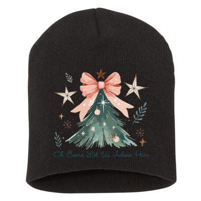 Oh Come Let Us Adore Him Jesus Christmas Tree Coquette Bow Short Acrylic Beanie