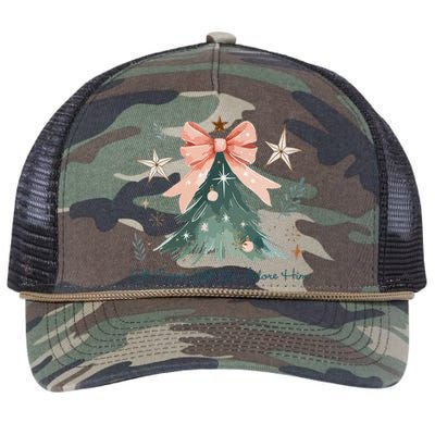 Oh Come Let Us Adore Him Jesus Christmas Tree Coquette Bow Retro Rope Trucker Hat Cap