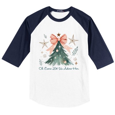 Oh Come Let Us Adore Him Jesus Christmas Tree Coquette Bow Baseball Sleeve Shirt