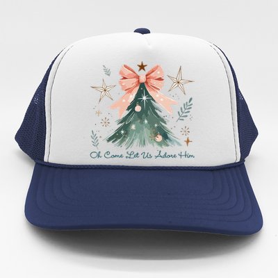 Oh Come Let Us Adore Him Jesus Christmas Tree Coquette Bow Trucker Hat