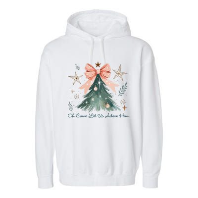 Oh Come Let Us Adore Him Jesus Christmas Tree Coquette Bow Garment-Dyed Fleece Hoodie