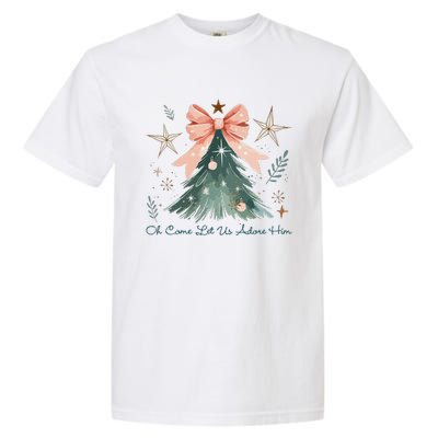 Oh Come Let Us Adore Him Jesus Christmas Tree Coquette Bow Garment-Dyed Heavyweight T-Shirt