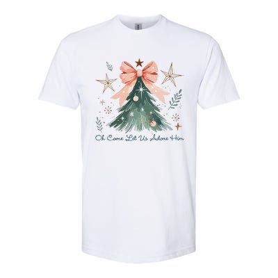 Oh Come Let Us Adore Him Jesus Christmas Tree Coquette Bow Softstyle CVC T-Shirt