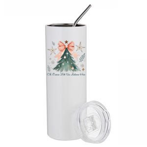 Oh Come Let Us Adore Him Jesus Christmas Tree Coquette Bow Stainless Steel Tumbler