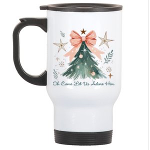 Oh Come Let Us Adore Him Jesus Christmas Tree Coquette Bow Stainless Steel Travel Mug