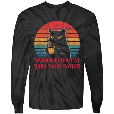 Overeducated Cat Lady Who Votes 2024 Election Vintage Cat Tie-Dye Long Sleeve Shirt