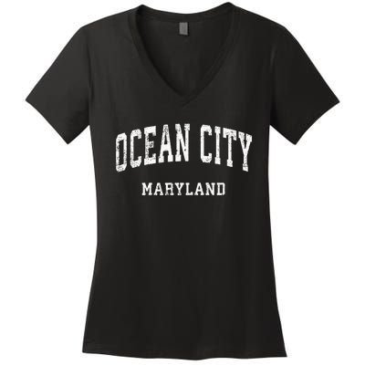 Ocean City Maryland MD Vintage Athletic Sports Design Women's V-Neck T-Shirt