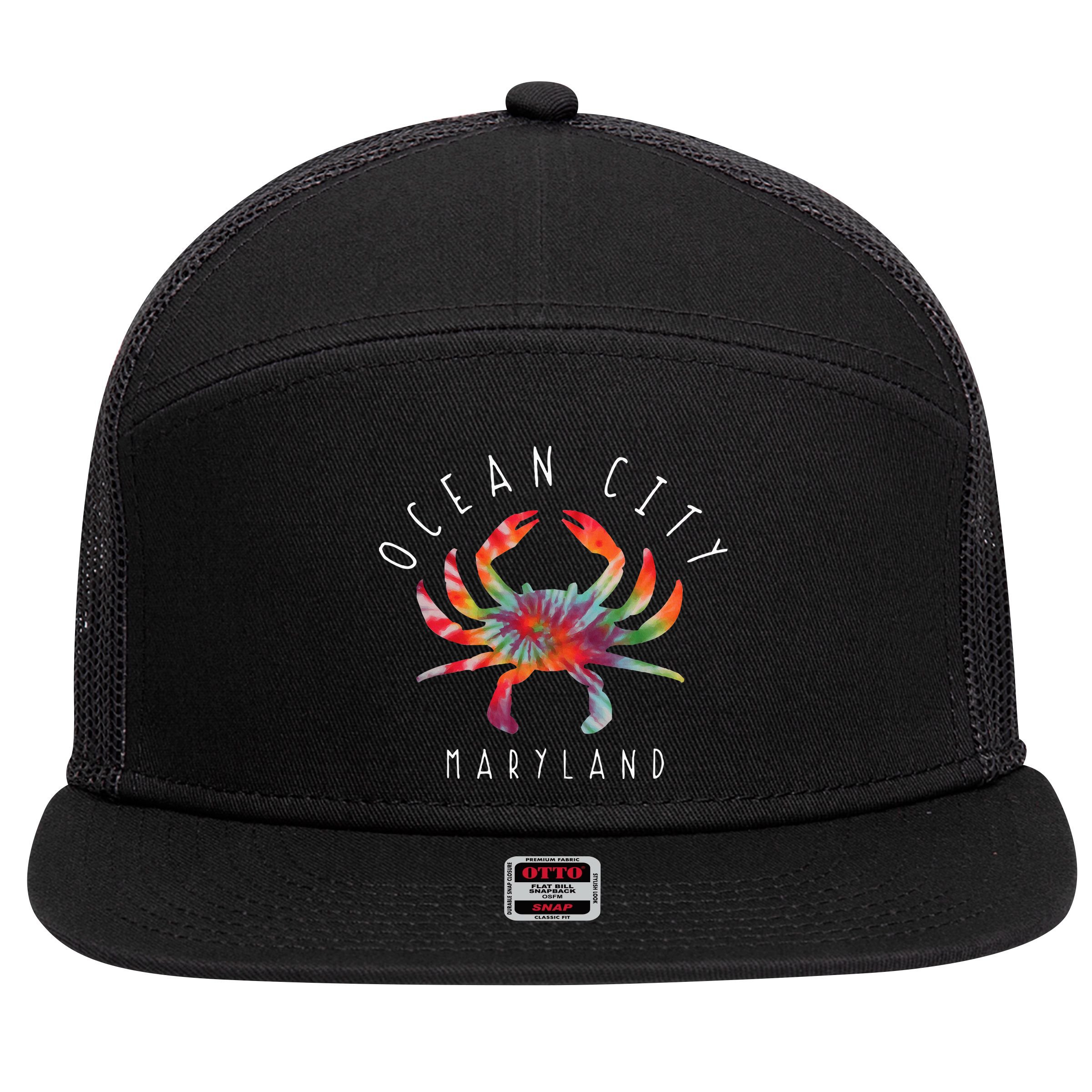 Ocean City Maryland Crab Tie Dye Summer Vacation 7 Panel Mesh Trucker Snapback Hat