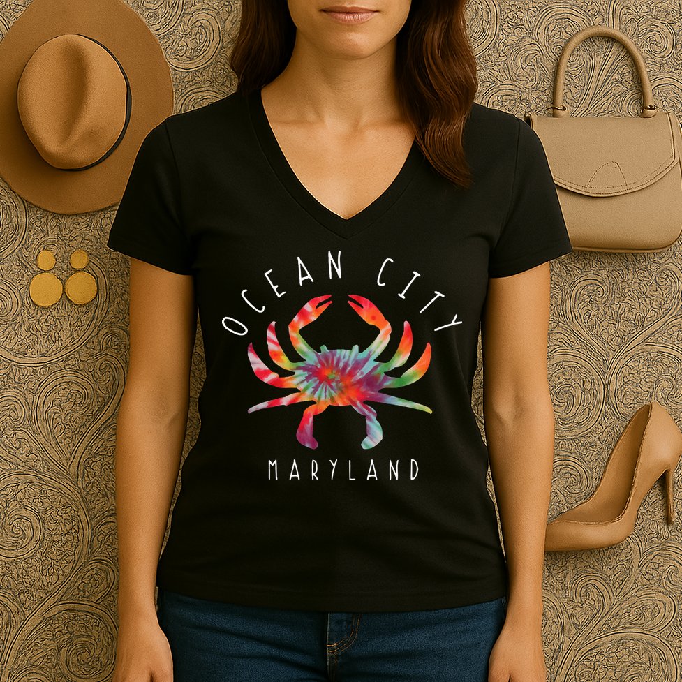 Ocean City Maryland Crab Tie Dye Summer Vacation Women's V-Neck T-Shirt