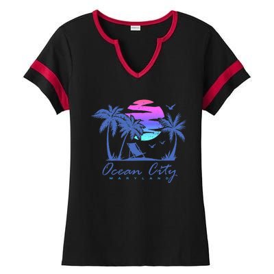 Ocean City Maryland Beach Vacation Trip Retro Vintage Sunset Ladies Halftime Notch Neck Tee