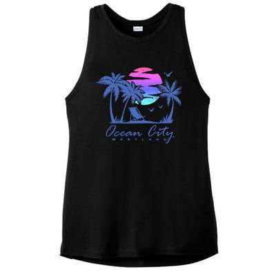 Ocean City Maryland Beach Vacation Trip Retro Vintage Sunset Ladies PosiCharge Tri-Blend Wicking Tank