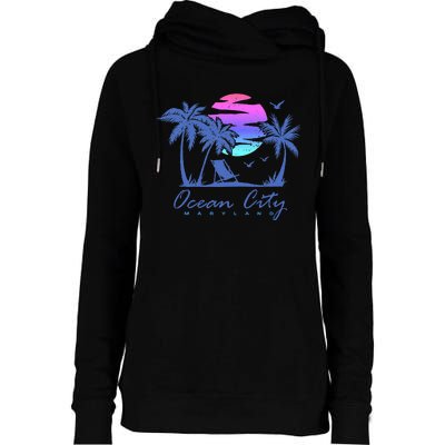 Ocean City Maryland Beach Vacation Trip Retro Vintage Sunset Womens Funnel Neck Pullover Hood