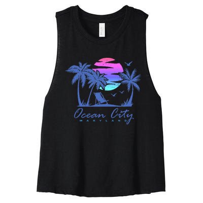 Ocean City Maryland Beach Vacation Trip Retro Vintage Sunset Women's Racerback Cropped Tank