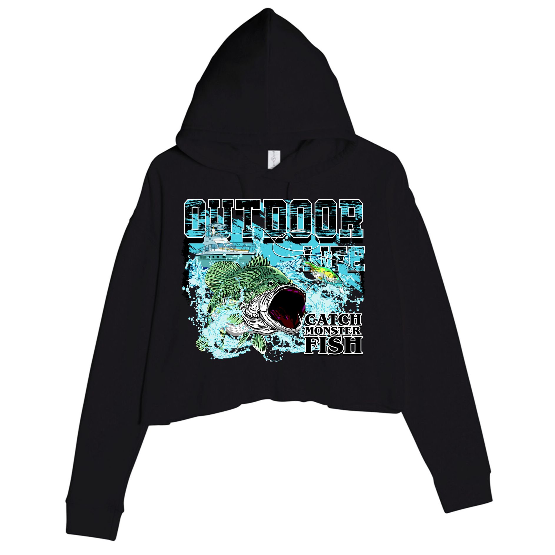 Outdoor Catch Monster Fish Large Mouth Crop Fleece Hoodie