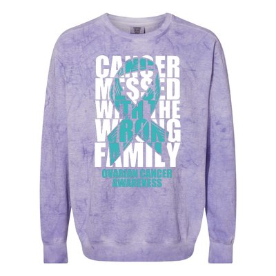 Ovarian Cancer Messed With The Wrong Family Teal Ribbon Gift Colorblast Crewneck Sweatshirt