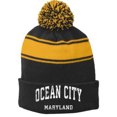 Ocean City Maryland MD Vintage Athletic Sports Design Stripe Pom Pom Beanie