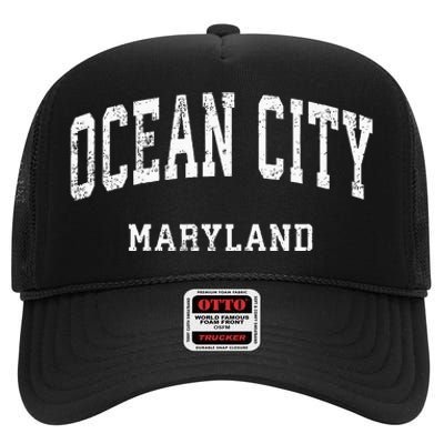 Ocean City Maryland MD Vintage Athletic Sports Design High Crown Mesh Back Trucker Hat