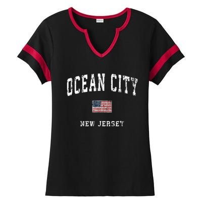 Ocean City New Jersey Nj Vintage American Flag Sports Design Ladies Halftime Notch Neck Tee