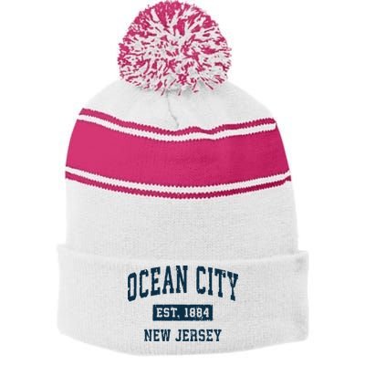Ocean City New Jersey Nj Vintage Sports Design Print Stripe Pom Pom Beanie