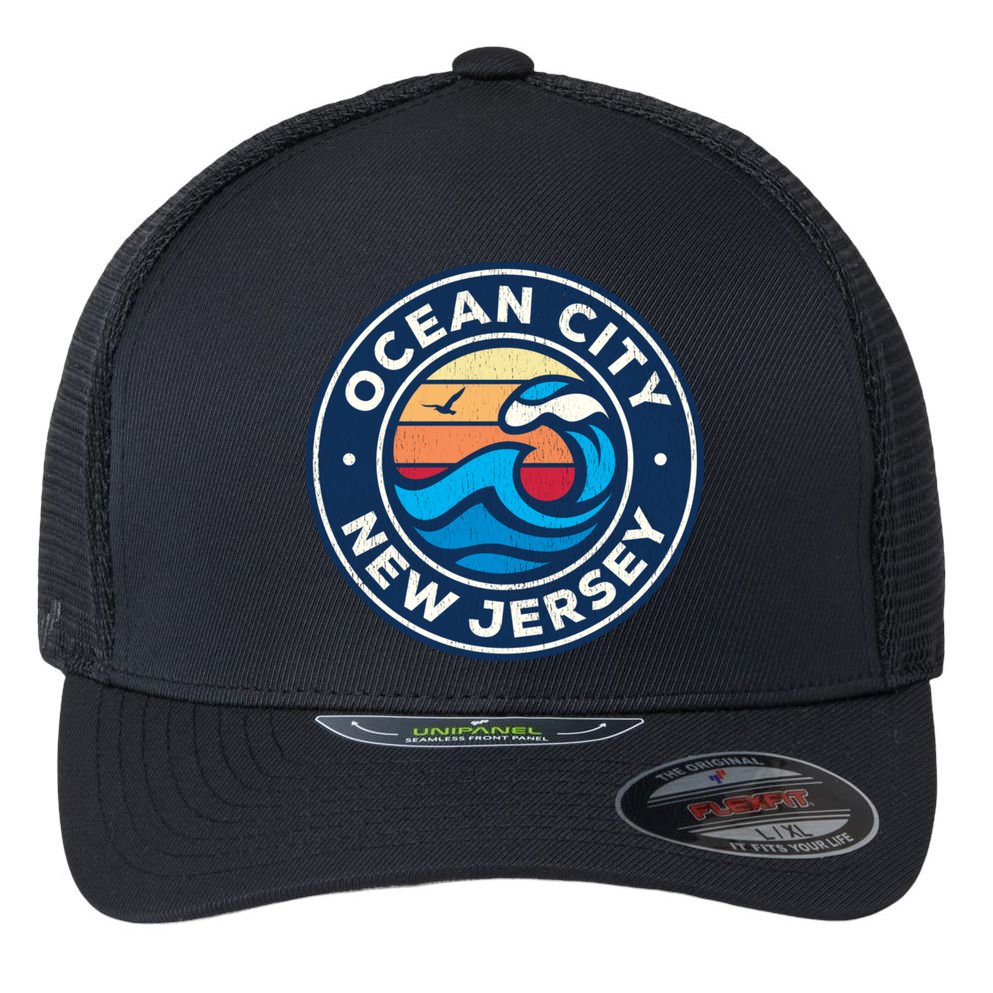 Ocean City New Jersey Nj Vintage Nautical Waves Design Flexfit Unipanel Trucker Cap