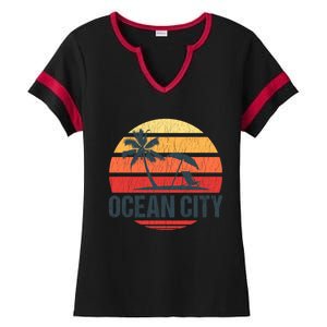 Ocean City Nj Md Beach Retro Sun Distressed Design Gift Ladies Halftime Notch Neck Tee