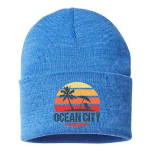 Ocean City Nj Md Beach Retro Sun Distressed Design Gift Sustainable Knit Beanie