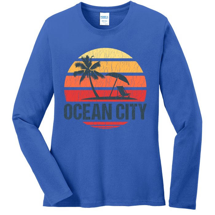 Ocean City Nj Md Beach Retro Sun Distressed Design Gift Ladies Long Sleeve Shirt