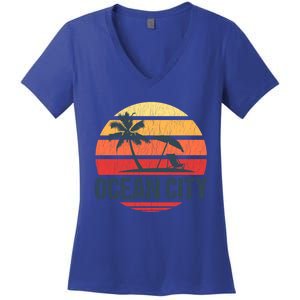 Ocean City Nj Md Beach Retro Sun Distressed Design Gift Women's V-Neck T-Shirt