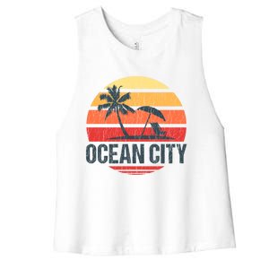 Ocean City Nj Md Beach Retro Sun Distressed Design Gift Women's Racerback Cropped Tank