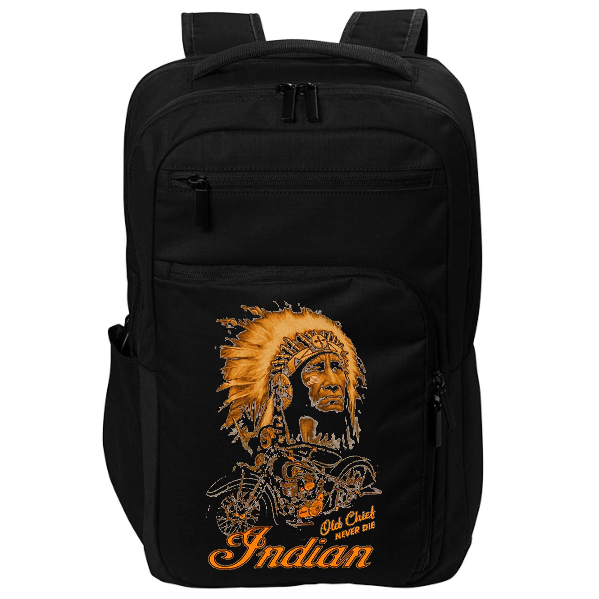 old chief never die indian native pride motorcycle Impact Tech Backpack