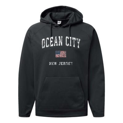 Ocean City New Jersey Nj Vintage American Flag Performance Fleece Hoodie