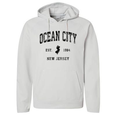 Ocean City New Jersey Nj Vintage Athletic Black Sports Desig Performance Fleece Hoodie