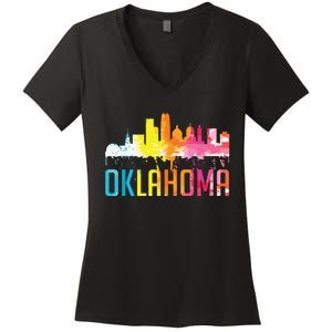 Oklahoma City Ok Retro Watercolor Skyline Art Souvenir Gift Women's V-Neck T-Shirt